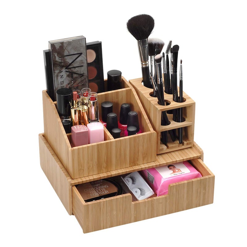 MobileVision Bamboo Makeup Organizer Complete Combo Which INCLUDES 5 Section Brush Holder 4 Compartment Cosmetic Caddy  Drawer for added extra storage space