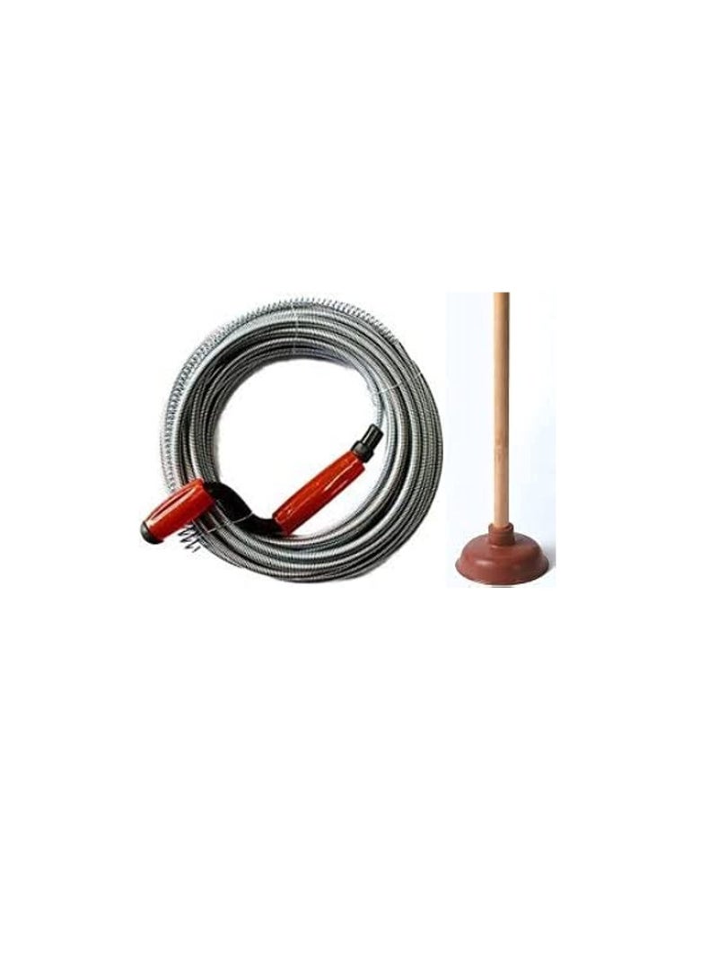 ABBASALI Plastic Grip 5 Meter Snake Spring Pipe Rod Sink Drain Cleaner Wire & Toilet Plunger With wooden handle  - Image 1