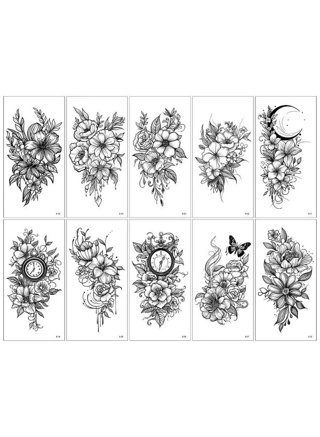 10Sheets 3D Black Rose Flower Temporary Tattoos Realistic Large Peony Geometric Tattoo Stickers - Image 1