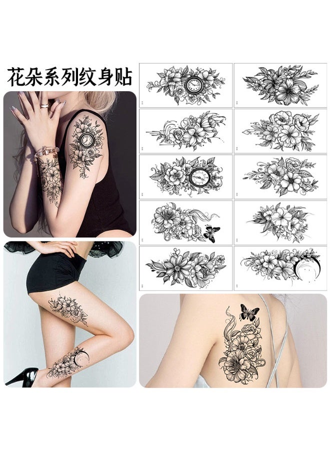 10Sheets 3D Black Rose Flower Temporary Tattoos Realistic Large Peony Geometric Tattoo Stickers - Image 3