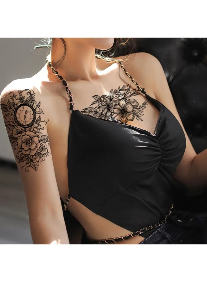 10Sheets 3D Black Rose Flower Temporary Tattoos Realistic Large Peony Geometric Tattoo Stickers - Image 5