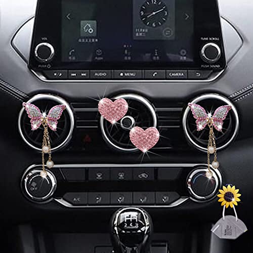 Jowxsx Pink Heart & Butterfly Pandent Air Vent Clips, 4 Pcs Bling Heart Air Fresheners Vents Clips Diamond Car Interior Decor Bling Cute Car Accessories + Sunflower Mask Hook - Image 4
