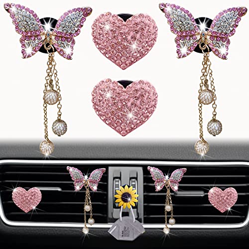 Jowxsx Pink Heart & Butterfly Pandent Air Vent Clips, 4 Pcs Bling Heart Air Fresheners Vents Clips Diamond Car Interior Decor Bling Cute Car Accessories + Sunflower Mask Hook - Image 1