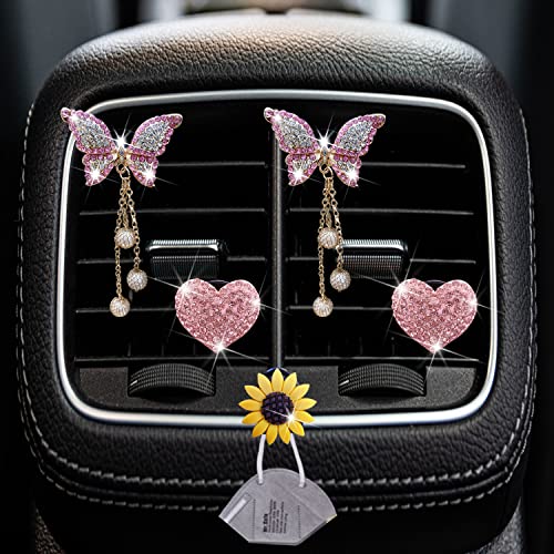 Jowxsx Pink Heart & Butterfly Pandent Air Vent Clips, 4 Pcs Bling Heart Air Fresheners Vents Clips Diamond Car Interior Decor Bling Cute Car Accessories + Sunflower Mask Hook - Image 2