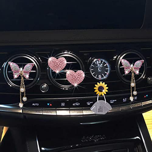 Jowxsx Pink Heart & Butterfly Pandent Air Vent Clips, 4 Pcs Bling Heart Air Fresheners Vents Clips Diamond Car Interior Decor Bling Cute Car Accessories + Sunflower Mask Hook - Image 5
