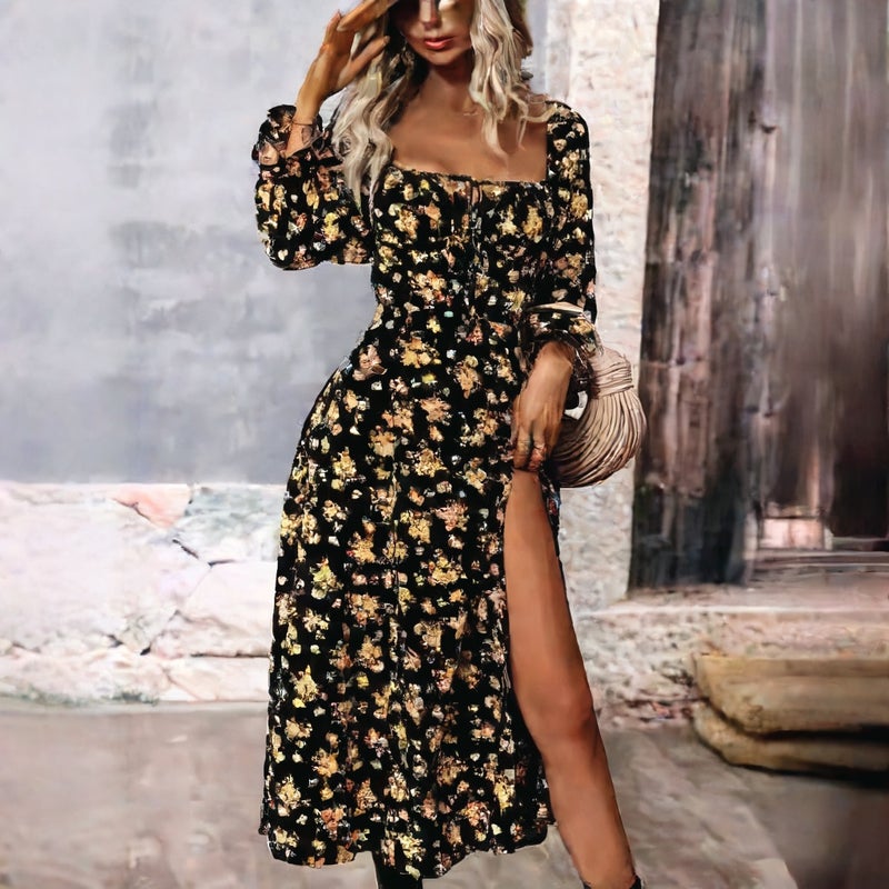Long Sleeve Split Maxi Dress with Floral Print - Image 1