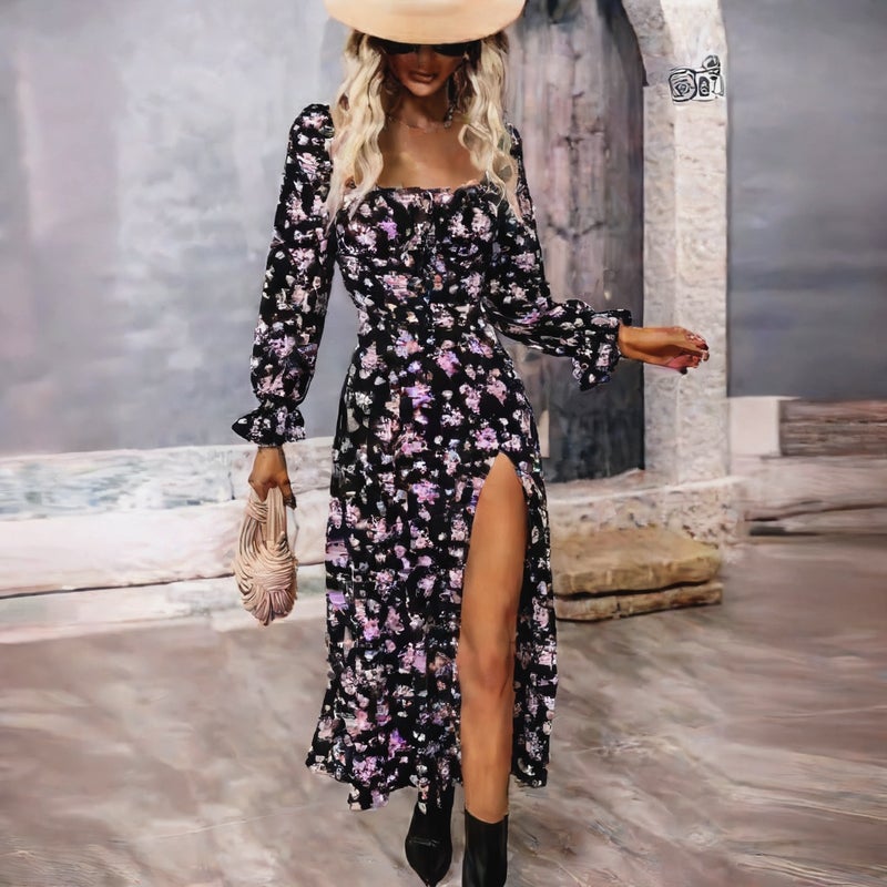 Long Sleeve Split Maxi Dress with Floral Print - Image 3