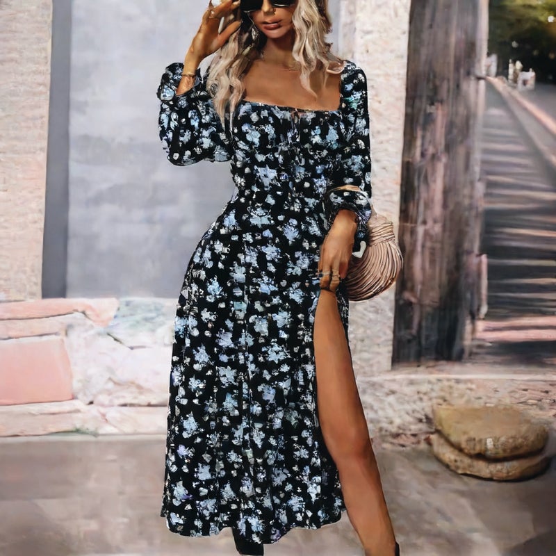 Long Sleeve Split Maxi Dress with Floral Print - Image 2