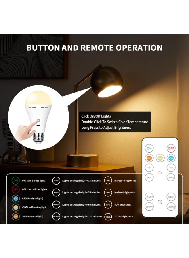 USB Rechargeable Light Bulb With Remote Control, 3 Color Temperature LED Dimmable Battery Powered Light Bulbs, E27 7W Touch Control Bulb With Timer, Emergency Light Bulb With Hook, 2600mah,2 PACK - Image 4
