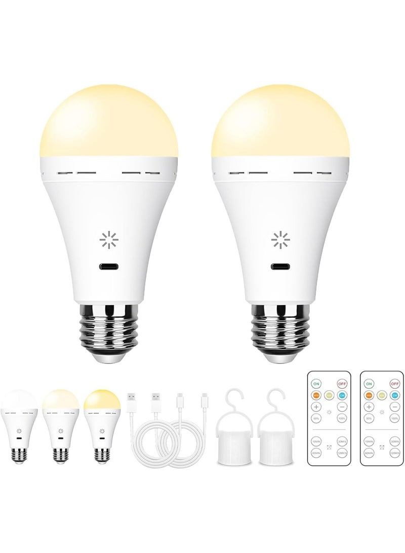 USB Rechargeable Light Bulb With Remote Control, 3 Color Temperature LED Dimmable Battery Powered Light Bulbs, E27 7W Touch Control Bulb With Timer, Emergency Light Bulb With Hook, 2600mah,2 PACK - Image 1
