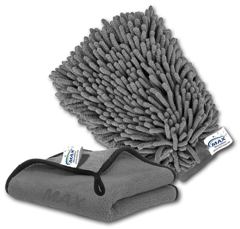 MAX Microfiber Cloth 800 GSM - Grey (1 Pc, Size 30 x 40 cm), Microfiber Wash Mitt 2400 GSM - Grey (1 Pc, Size 26 x 19 cm) Combo for Car Detailing, Cleaning, Washing and Polishing - Image 1