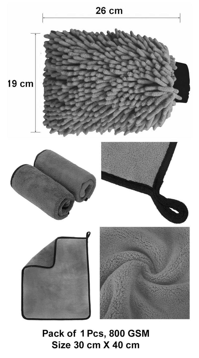 MAX Microfiber Cloth 800 GSM - Grey (1 Pc, Size 30 x 40 cm), Microfiber Wash Mitt 2400 GSM - Grey (1 Pc, Size 26 x 19 cm) Combo for Car Detailing, Cleaning, Washing and Polishing - Image 2