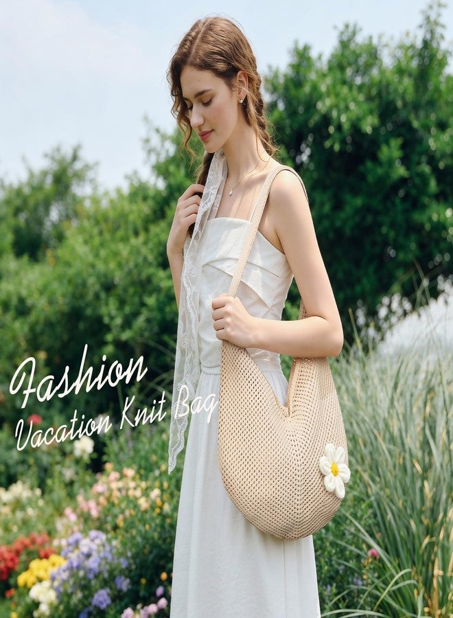 Premillow Crochet Beach Bags for Women, Summer Beach Tote Bag, Mesh Tote Bag Cute Beach Bag Purse, Large Aesthetic Crochet Bag Knit Bags Handbag Shoulder Bag for Summer Vacation, Beige - Image 2