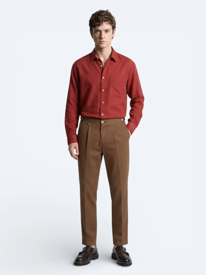 Kip Tile Red Plain Oversize Fit Long Weaving Casual Shirt