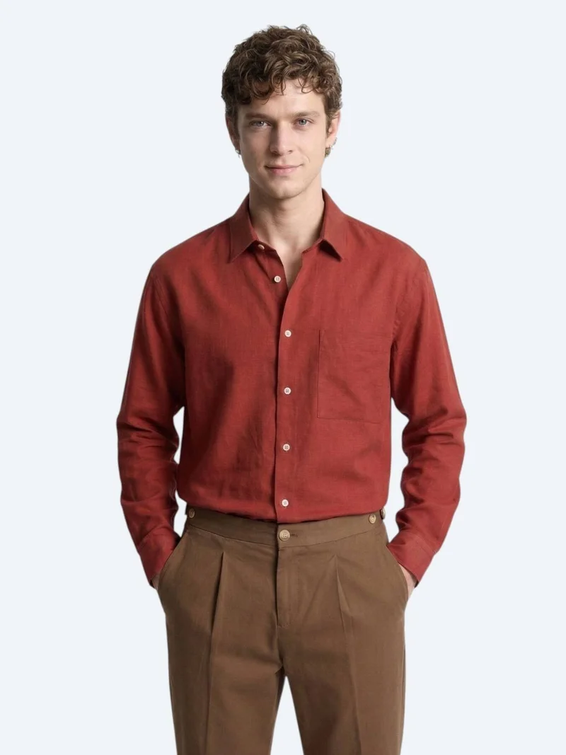 Kip Tile Red Plain Oversize Fit Long Weaving Casual Shirt