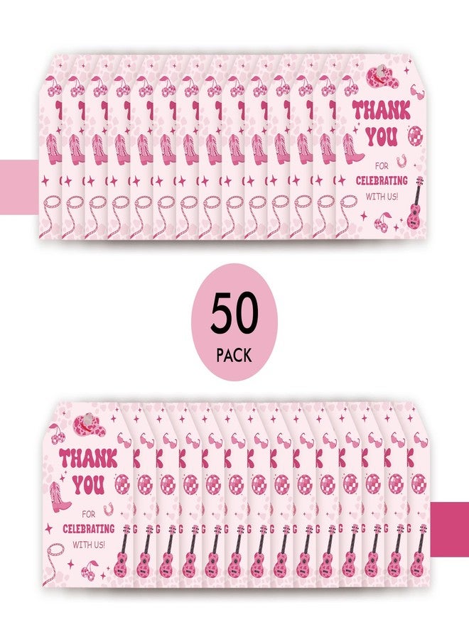 FORSHEEP 50pcs Pink Cowgirl Thank You Tags, Western Cowgirl Gift Tag with String for My First Rodeo Birthday Party, Disco Ball Boots Paper Tags for Girls Bachelorette Party Favors - Image 3