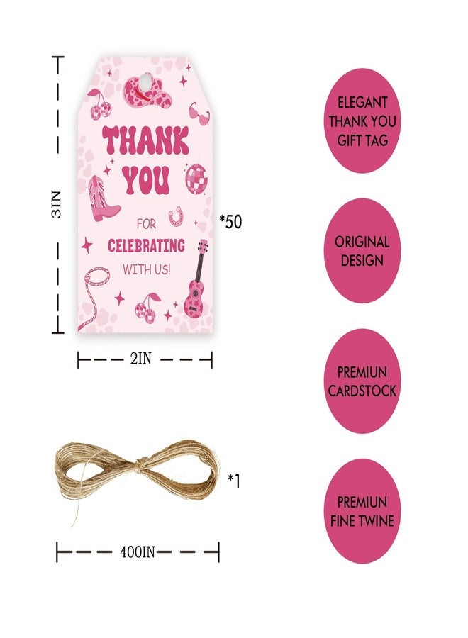 FORSHEEP 50pcs Pink Cowgirl Thank You Tags, Western Cowgirl Gift Tag with String for My First Rodeo Birthday Party, Disco Ball Boots Paper Tags for Girls Bachelorette Party Favors - Image 2