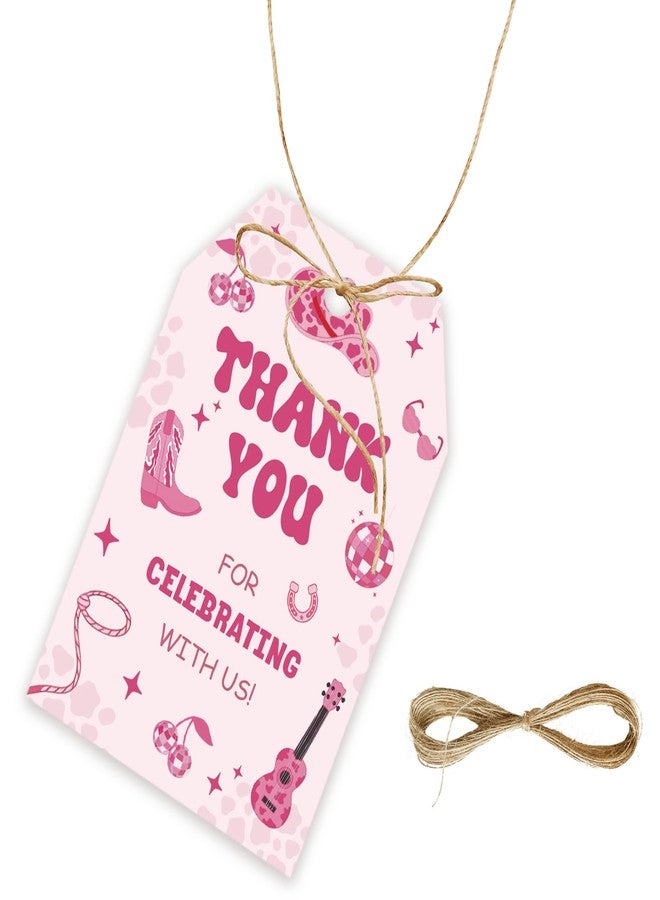 FORSHEEP 50pcs Pink Cowgirl Thank You Tags, Western Cowgirl Gift Tag with String for My First Rodeo Birthday Party, Disco Ball Boots Paper Tags for Girls Bachelorette Party Favors - Image 1