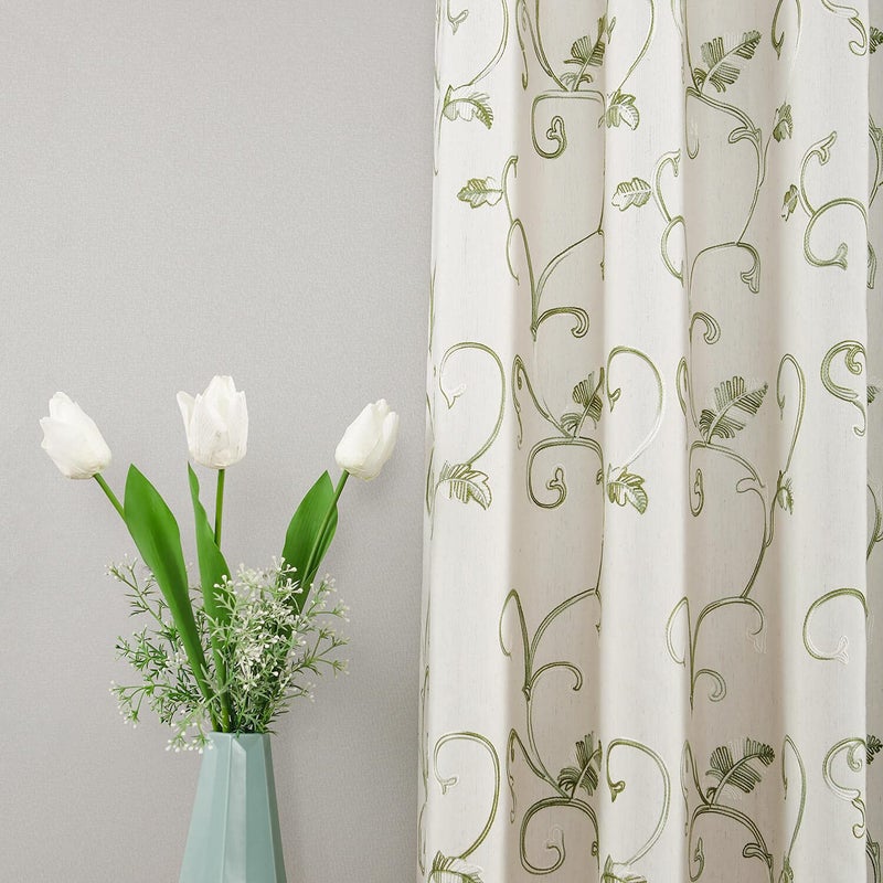 VOGOL 2 Panels Ultra Decor Vines Embroidered Faux Linen Grommet Curtains for Living Room,Energy Efficient Window Treatment Panels,52 x 63 Inch, Grass Green - Image 1