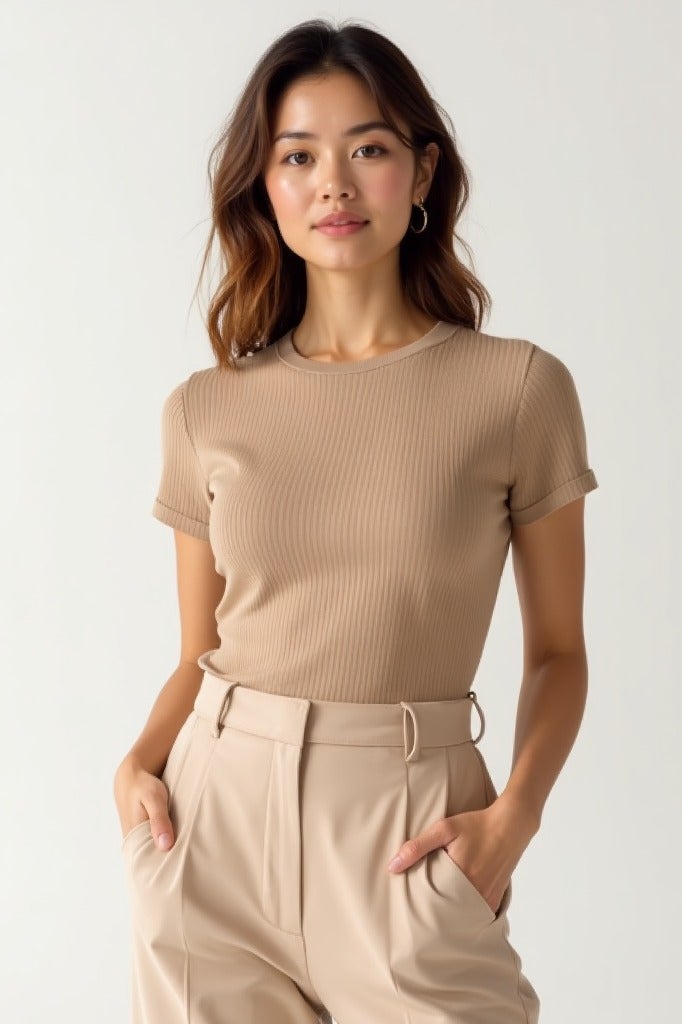 Soft Steps Women's Ribbed Short Sleeve Crew Neck Top – Soft  Fitted T-Shirt | Sizes M Beige  - Image 1