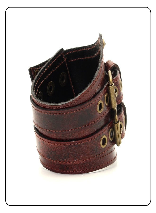 Fusamk Punk Rock Belt Buckle Wristband Wide Leather Arm Cuff Bracelet(Brown) - Image 5