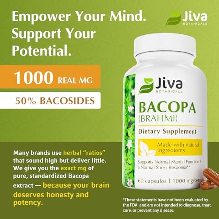 Jiva Botanicals Bacopa Monnieri Supplement Pure 1000mg per Serving - High Potency Bacopa Monnieri (Brahmi) & Extract for Normal Brain, Focus, & Memory Support - Ayurvedic Herbs - 60 Capsules - Image 2