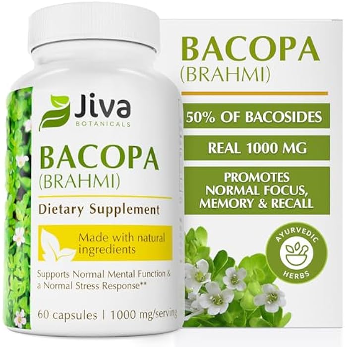 Jiva Botanicals Bacopa Monnieri Supplement Pure 1000mg per Serving - High Potency Bacopa Monnieri (Brahmi) & Extract for Normal Brain, Focus, & Memory Support - Ayurvedic Herbs - 60 Capsules - Image 1