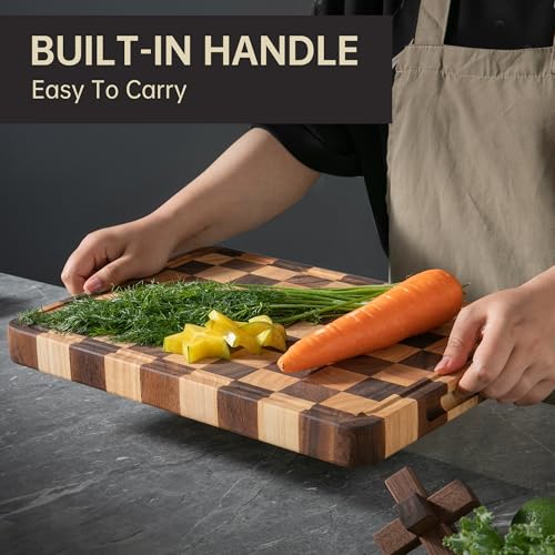 FYCTIO Checkered Cutting Boards for Kitchen, Acacia Wooden Chopping Board with Juice Grooves & Handles, 1.4" Thickened Butcher Block for Meat, Vegetables and Fruits with Gift Box, 1.4" x "16" x 11" - Image 2