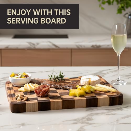 FYCTIO Checkered Cutting Boards for Kitchen, Acacia Wooden Chopping Board with Juice Grooves & Handles, 1.4" Thickened Butcher Block for Meat, Vegetables and Fruits with Gift Box, 1.4" x "16" x 11" - Image 4