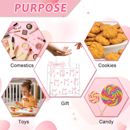 QOUBAI 24Pcs Pink Bow Clear PVC Gift Bags With Handles Bow Goodie Treat Candy Bag Pink Bows Theme Present Wrap Tote Bags for Birthday Party Favor Baby Shower Decoration Supplies 8 x 8 x 3in - Image 3