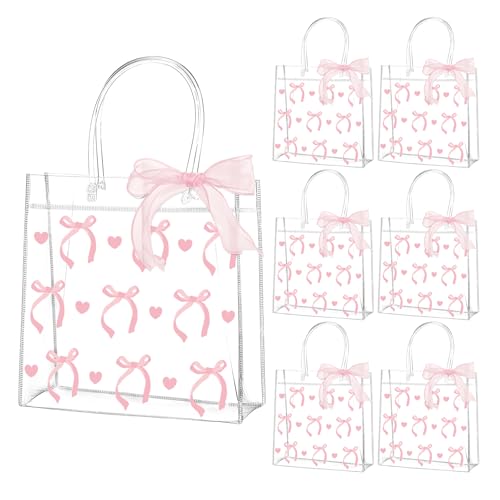 QOUBAI 24Pcs Pink Bow Clear PVC Gift Bags With Handles Bow Goodie Treat Candy Bag Pink Bows Theme Present Wrap Tote Bags for Birthday Party Favor Baby Shower Decoration Supplies 8 x 8 x 3in - Image 1