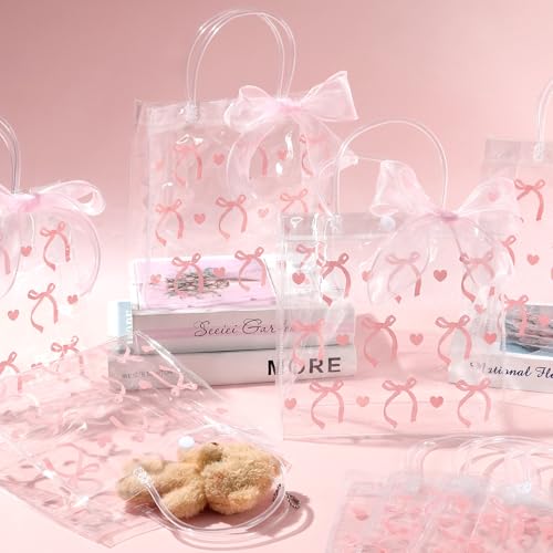 QOUBAI 24Pcs Pink Bow Clear PVC Gift Bags With Handles Bow Goodie Treat Candy Bag Pink Bows Theme Present Wrap Tote Bags for Birthday Party Favor Baby Shower Decoration Supplies 8 x 8 x 3in - Image 4