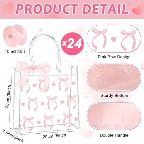 QOUBAI 24Pcs Pink Bow Clear PVC Gift Bags With Handles Bow Goodie Treat Candy Bag Pink Bows Theme Present Wrap Tote Bags for Birthday Party Favor Baby Shower Decoration Supplies 8 x 8 x 3in - Image 2