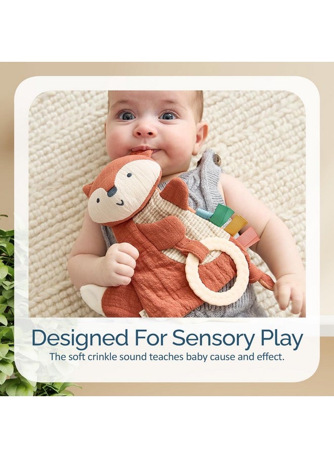Itzy Ritzy Itzy Ritzy - Bitzy Crinkle Sensory Toy Fox with Crinkle Sound for Babies & Toddlers - Features Soft Braided Teething Ring & Textured Ribbons, Designed for Ages 0 Months and Up, Fox  - Image 4