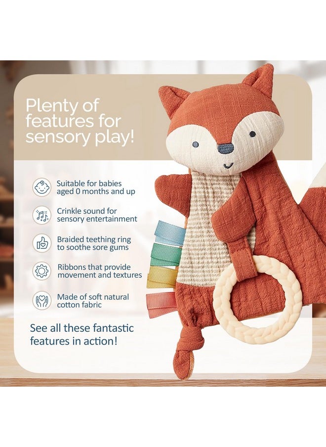 Itzy Ritzy Itzy Ritzy - Bitzy Crinkle Sensory Toy Fox with Crinkle Sound for Babies & Toddlers - Features Soft Braided Teething Ring & Textured Ribbons, Designed for Ages 0 Months and Up, Fox  - Image 2