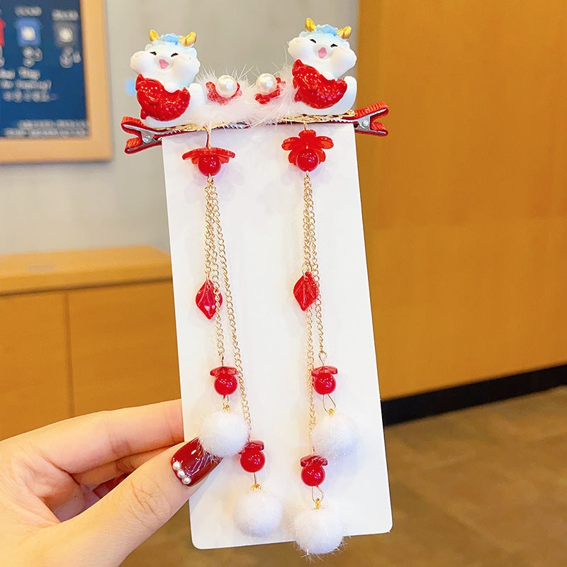 Generic Kids Chinese New Year Dragon Tassel Hair Clips Koi Longbao