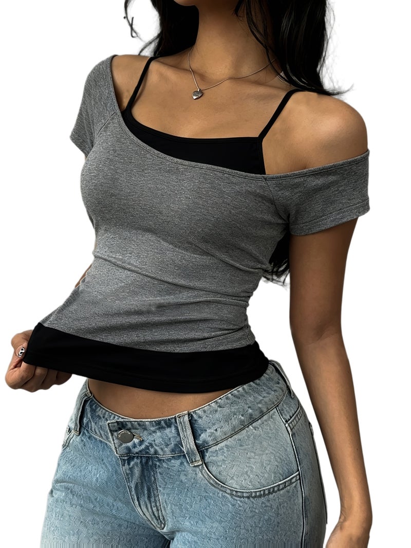 Women'S Summer Fake Two - Piece Off - The - Shoulder Halter Short - Sleeved T - Shirt, Fashionable And Versatile, Slim - Fit And Hot Short Top for Junior And Senior High - Grey+Black / XS - Image 1