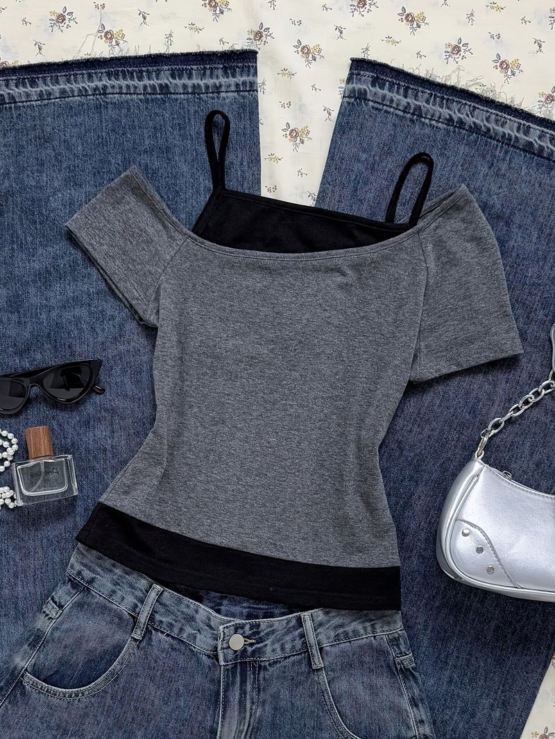 Women'S Summer Fake Two - Piece Off - The - Shoulder Halter Short - Sleeved T - Shirt, Fashionable And Versatile, Slim - Fit And Hot Short Top for Junior And Senior High - Grey+Black / XS - Image 3