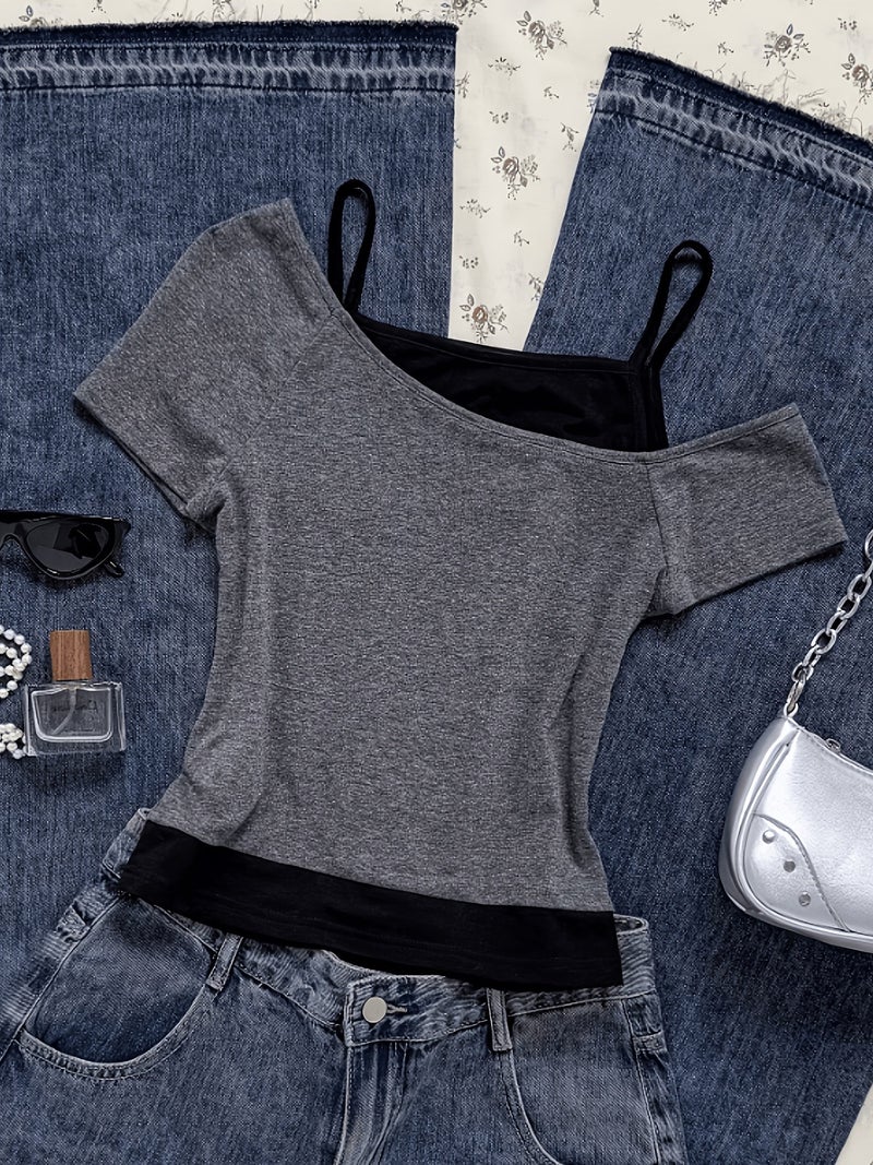 Women'S Summer Fake Two - Piece Off - The - Shoulder Halter Short - Sleeved T - Shirt, Fashionable And Versatile, Slim - Fit And Hot Short Top for Junior And Senior High - Grey+Black / XS - Image 2
