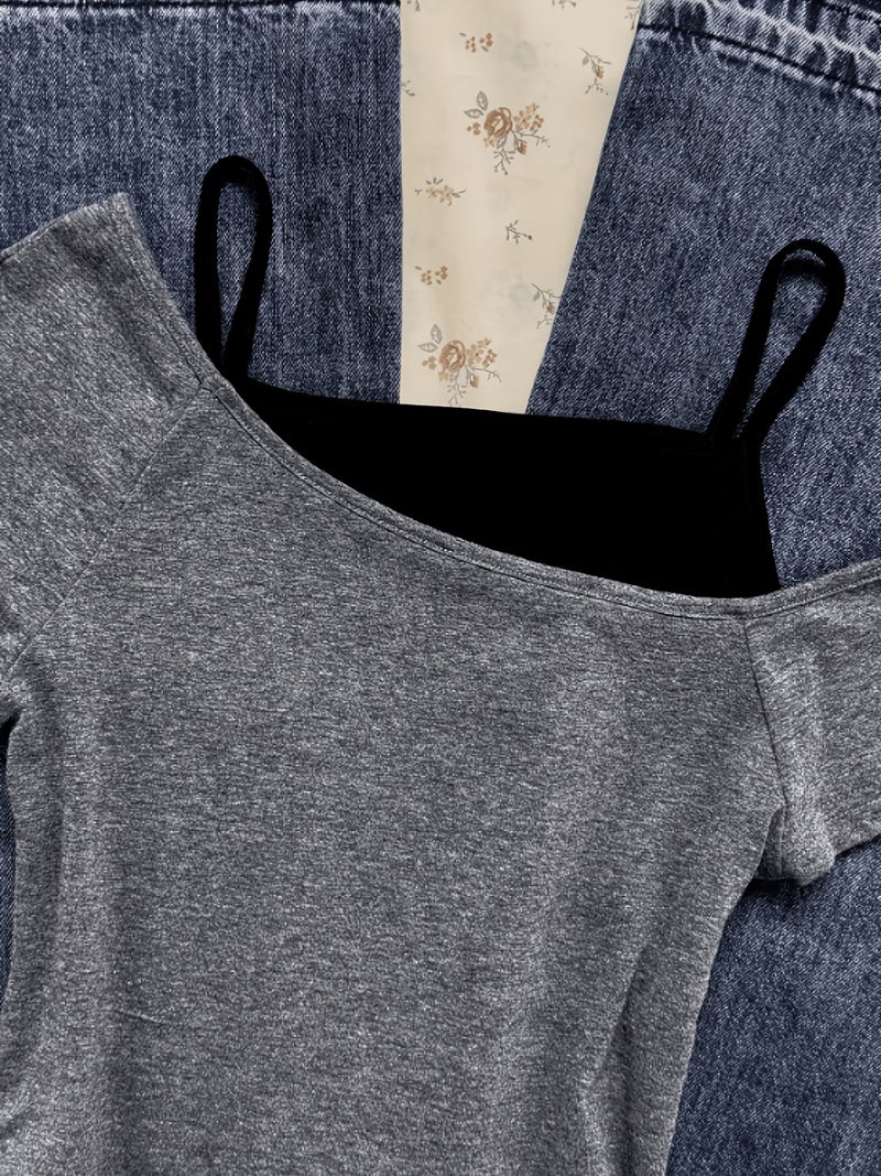 Women'S Summer Fake Two - Piece Off - The - Shoulder Halter Short - Sleeved T - Shirt, Fashionable And Versatile, Slim - Fit And Hot Short Top for Junior And Senior High - Grey+Black / XS - Image 4
