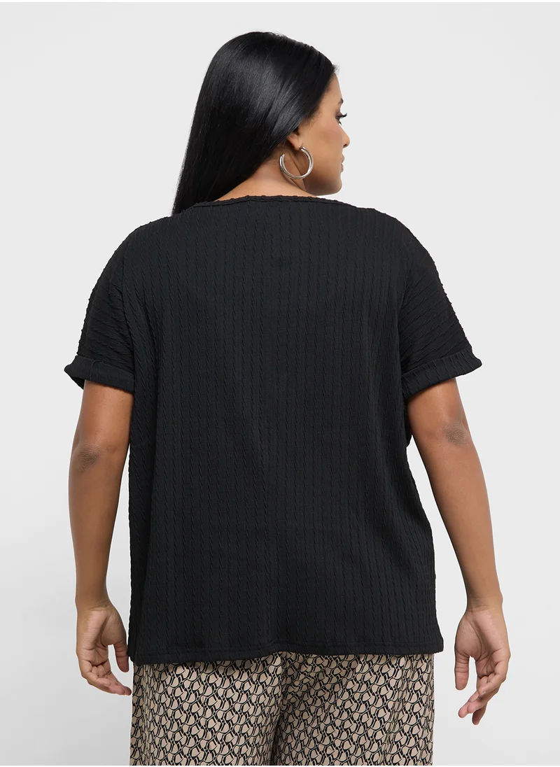 جينجر بلس Oversize Ribbed T-Shirt With Roll Up Sleeves