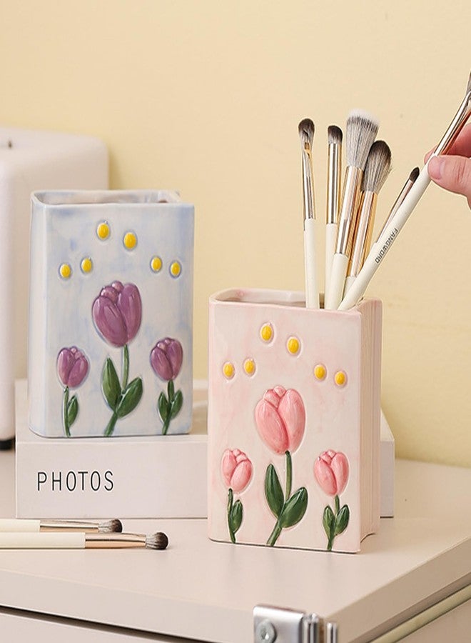 Busnos Book Vase Tulip Pencil Cup Pen Holder For Office Desk Decorative Books Pink Flower Vase Cute Toothbrush Holders Home Decor Teacher Book Gifts for Women Small Makeup Brushes Holder - Image 3