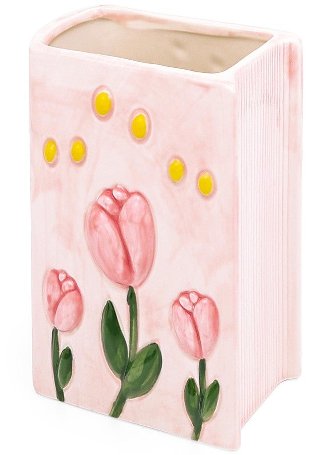 Busnos Book Vase Tulip Pencil Cup Pen Holder For Office Desk Decorative Books Pink Flower Vase Cute Toothbrush Holders Home Decor Teacher Book Gifts for Women Small Makeup Brushes Holder - Image 1