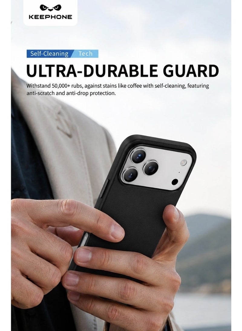 KeepHone PEEKABOO MagSafe Compatible Black Leather Case for iPhone 17 Pro Max with Strong N52 Magnetic Ring, Military-Grade Shockproof Protection, Metal Camera Guard & Metal Buttons, Premium Anti-Scratch Leather Back, Soft Microfiber Lining, Slim Protective Cover Compatible with MagSafe Chargers & Accessories - Image 3