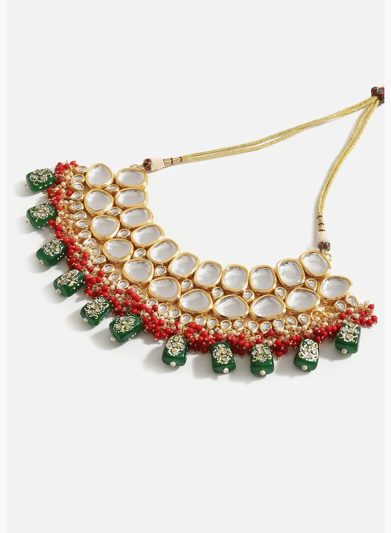 SOHI Gold Plated Designer Kundan Party Necklace, Earring and Maang Tikka Set For Women