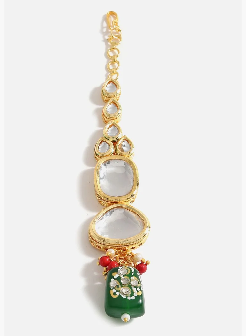 SOHI Gold Plated Designer Kundan Party Necklace, Earring and Maang Tikka Set For Women