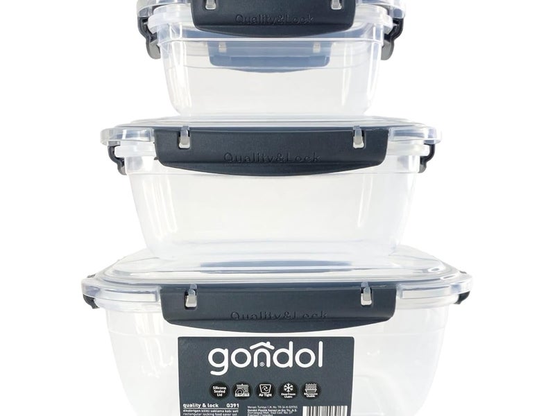 Gondol Square Leakproof 3 Pcs Storage Box Set (500ml + 900ml + 1500ml) Grey