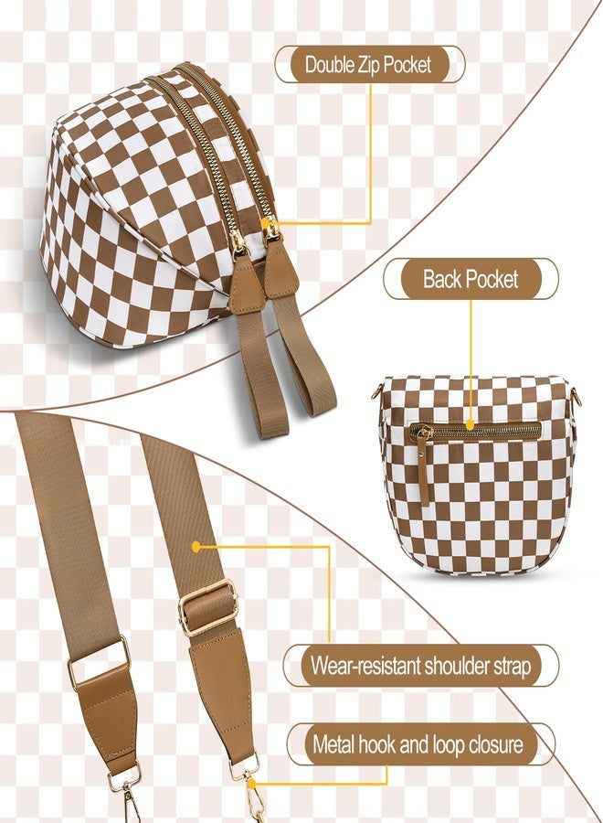 idoltimes Checkered Crossbody Bag,Nylon Bum Bags for Women Crossbody,Spacious Sling Bag Purse Fanny Packs with Shoulder Strap, Brownwhite, Sport - Image 4
