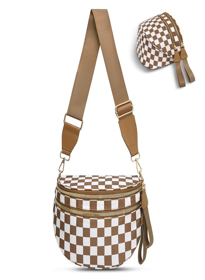 idoltimes Checkered Crossbody Bag,Nylon Bum Bags for Women Crossbody,Spacious Sling Bag Purse Fanny Packs with Shoulder Strap, Brownwhite, Sport - Image 1