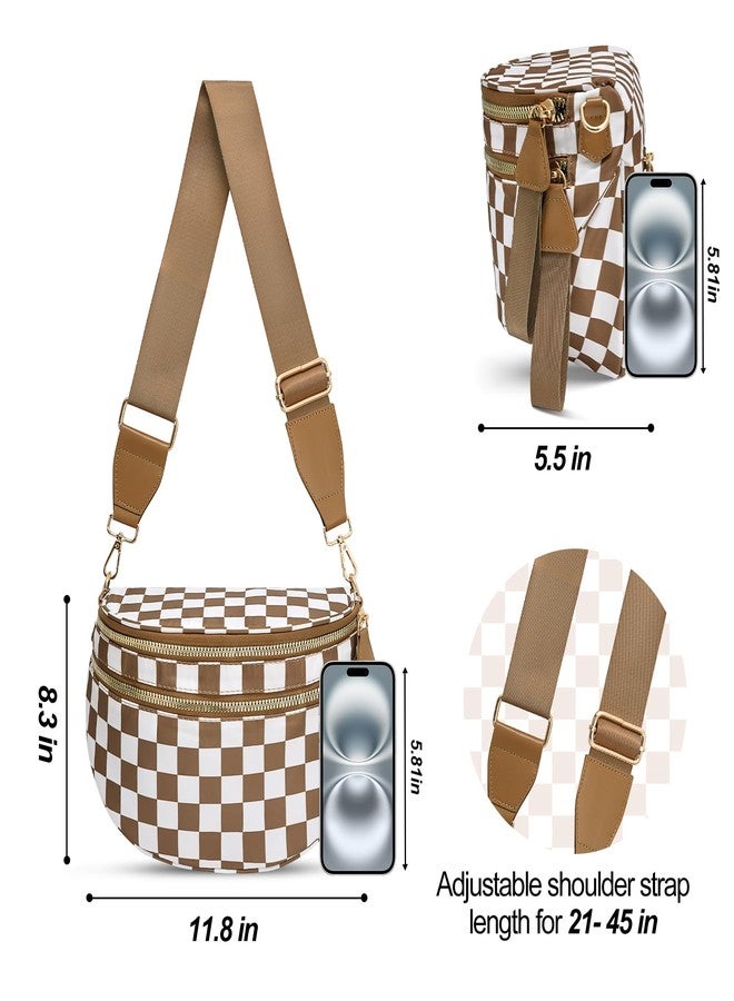 idoltimes Checkered Crossbody Bag,Nylon Bum Bags for Women Crossbody,Spacious Sling Bag Purse Fanny Packs with Shoulder Strap, Brownwhite, Sport - Image 3